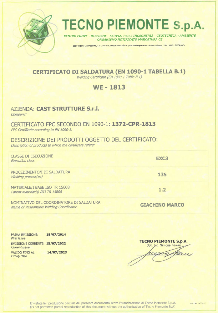 Certificato di Saldatura WE-1813